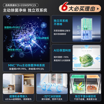 Meiling 510-liter cross-door multi-door double-circulation dual-system household ultra-thin zero-embedded active sterilization and odor-free first-class air-cooled frost-free large-capacity refrigerator worry-free insert 510 liter gray worry-free insert
