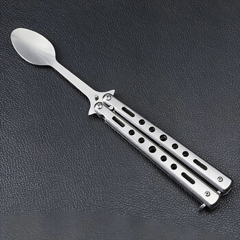 Fantasy butterfly spoon stainless steel butterfly knife spoon fancy rice spoon fork head folding practice tableware silver butterfly spoon foldable and portable