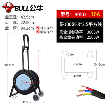 Bull wire reel socket cable winding reel reel spool drag line empty reel 20m30m50 extension cord plug row dark green 805d 100m3 2.5