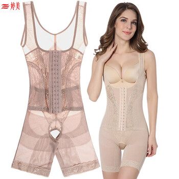 Tingmei (gracwell) upgraded high-end three-breasted one-piece body shaper, crotchless pressure belly control mesh lace body suit, skin color xl 111-120 pounds