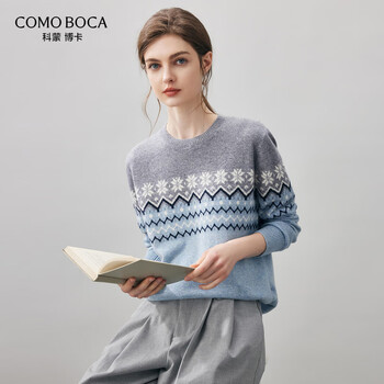 Comonboca 2025 autumn and winter fair isle cashmere sweater women's knitted sweater round neck bottoming sweater fantasy blue xl