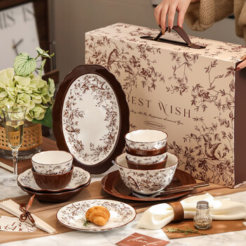 Time flies over the branches, complete set of ceramic bowls, plates, and tableware for home, good-looking housewarming, wedding gift for the bride, food for 6 people, high-end gift box, leaping branches