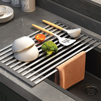 Mnicn drain rack 304 stainless steel kitchen sink cover storage rack wash basin dish storage basket folding drain mat gray edge brushed 8mm rod drain rack 304 stainless steel three-fold drain rack 60x34.5cm