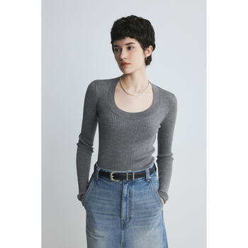 Munjour comfortable and soft skin simple deep u-neck slim fit knitted bottoming shirt blue gray m