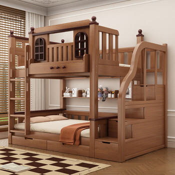 Free installation of children's bunk bed, solid wood high and low bed, bunk bed, bunk bed, two-layer wooden bed, double bed, ladder-5cm brown mat, upper bed width 120, lower bed width 120 (comes with bookshelf)