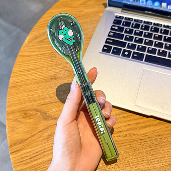 Magic beans live chopsticks and spoons portable set tableware for students and children storage box for one person to take away to work personally used chopsticks box stainless steel chopsticks and spoons - green