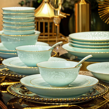 Jingdezhen celadon tableware set light luxury gift bowls and plates high temperature underglaze color housewarming dishes set home complete set celadon with ruyi pot | high-end brocade box set 70 pieces