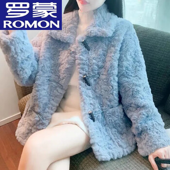 Romon sherpa fashionable style coat small short style 2024 thickened plush all-in-one coat winter new style for women blue s (within 100 pounds)