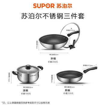 Supor's new 304 stainless steel honeycomb crystal pattern non-stick pot set wok frying pan induction cooker is available. 80% of buyers choose the three-piece set (wok +