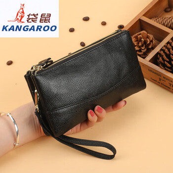 Kangaroo (kangaroo) 2025 new fashion wallet women's long double-layer zipper clutch bag large capacity soft leather mother coin mobile phone bag black