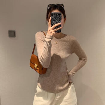 Mdng french slim autumn and winter new wool round neck bottoming shirt women's slim fit right shoulder pullover knitted low neck sweater beige anti-pilling fabric xl 115-130 jin