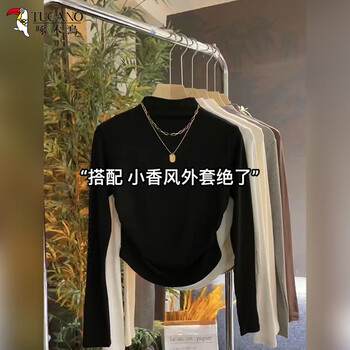 Woodpecker half-high collar long-sleeved t-shirt for women in autumn new style with right shoulder pleated slim bottoming shirt top black l