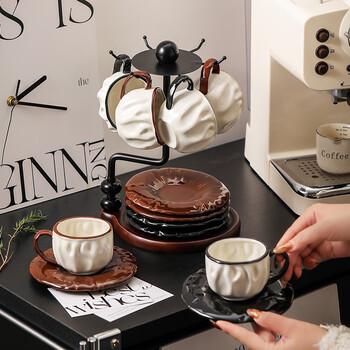 Timeless french retro pleated coffee cup set high-end light luxury home ceramic afternoon tea cups and saucers wedding gift pleated coffee cup-black + coffee 6 pairs cups and saucers + storage rack