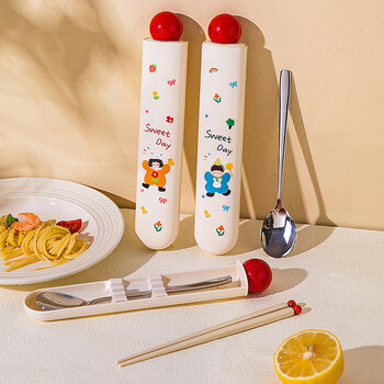 Modern housewife family of three chopsticks and spoon set for one person tableware storage box student portable cutlery box antibacterial chopsticks + spoon portable chopsticks and spoon set-girls