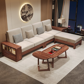 Ruimo solid wood black walnut sofa combination modern chinese-style living room small apartment straight-row sofa furniture for winter and summer four-seater + imperial concubine + coffee table + tea cabinet + tv cabinet