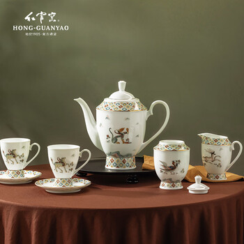 Hongguan kiln chinese porcelain coffee cup and saucer set gift box as a wedding gift for the elders, high-end light luxury ceramic coffee set dunhuang cultural creation silk road dunhuang element coffee set 15 pieces