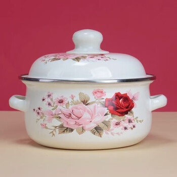 Enamel color enamel soup pot three-piece set household double-eared soup pot instant noodles lard pot gas induction cooker universal 22 persimmon pot height 11 capacity 3 liters pink beauty color