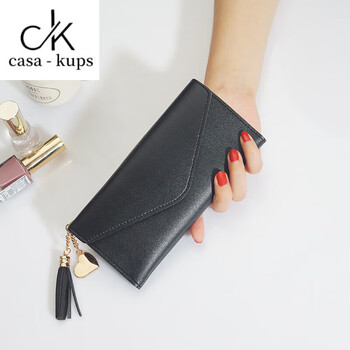 Casa-kupsck wallet women's long 2025 new student tassel buckle love pendant clutch bag simple fashion coin purse black