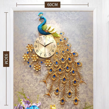 Clocks peacock wall clock living room home fashion creative phoenix european style wall clock light luxury wall clock bright peacock (93*60cm) comes with battery + traceless nails + spare pointer + movement ten-year warranty