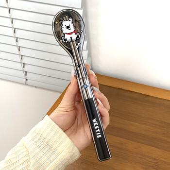 Perfect new stainless steel chopsticks and spoon set primary school students portable tableware storage box office chopsticks and spoon box 304 chopsticks and spoon set black-west highland