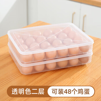 Huanrou egg storage box for home refrigerator, food-grade fresh-keeping egg box, anti-fall egg box, egg tray basket holder, transparent color, two layers and two covers, can hold 48 eggs