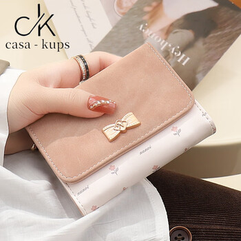 Casa-kupsck wallet female 2025 chinese valentine's day student small wallet folding korean style bow short card holder coin purse light pink