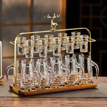 Hubei white wine glass set light luxury household gold foil jinshan wine dispenser wine set jinshan style 10 pots 10 cups + elk cup holder
