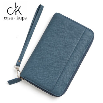Casa-kups genuine leather wallet new long women's passport bag large capacity card slot passbook bag zipper ledger wallet rfid blue