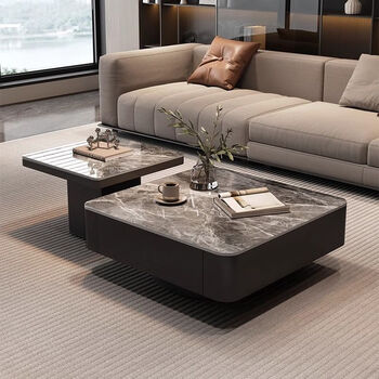 Zhixing italian gray slate coffee table light luxury high-end style small apartment living room home italian minimalist 2025 new square coffee table square + t new italian gray slate black frame black cabinet 80 slate + side table 60