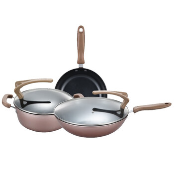 Bikoli aberfield golden harbor fine iron non-stick three-piece pot set 32 wok + 24 stockpot + 24 frying pan rose gold