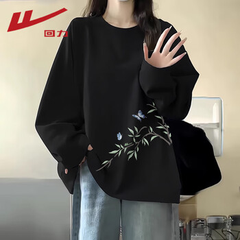 Warrior pure cotton long-sleeved t-shirt for women 2026 autumn black low-key simple style top loose flesh-covering commuting style women's clothing