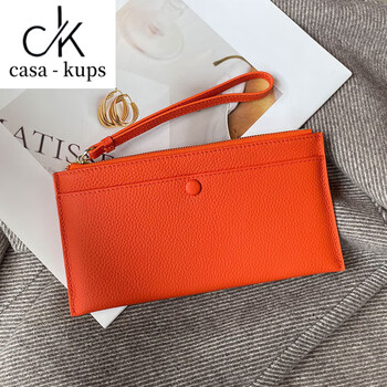 Casa-kups genuine leather wallet for women 2025 new high-end zipper niche design high-end leather long clip high-end exquisite orange