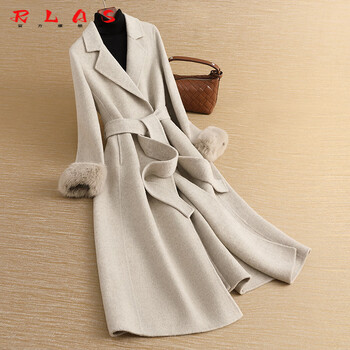 Rlas detachable imitation wool oatmeal color double-sided cashmere coat women's long lace-up sheep wool coat light oatmeal s