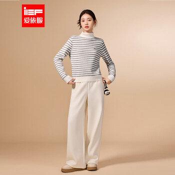 Ief/aiyifu 2025 winter new korean style fashion casual commuting temperament plus velvet striped woolen base layer gray and white strips one size