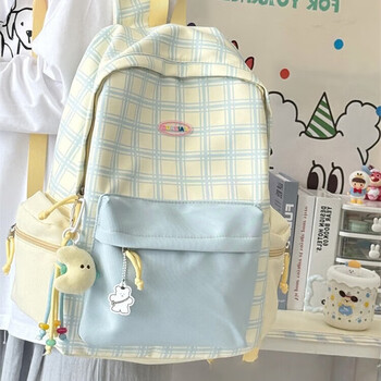 Yookdd (yookdd) schoolbag junior high school girl high-looking plaid school backpack japanese style ins style high school student backpack blue and yellow plaid schoolbag with pendant