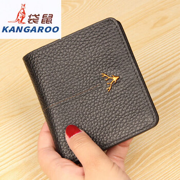 Kangaroo (kangaroo) genuine leather wallet women's short ultra-thin compact bag cute two-fold student simple 2025 new cowhide wallet black