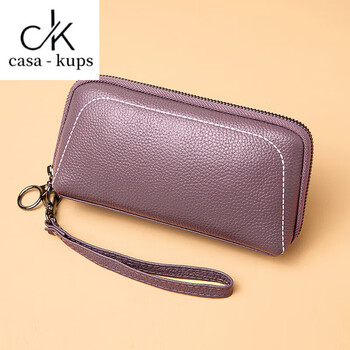 Casa-kupsck genuine leather clutch wallet women's long 2025 new mobile phone bag zipper first layer cowhide small bag women purple