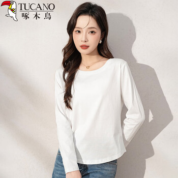 Woodpecker long-sleeved t-shirt women's pure cotton round neck bottoming shirt women's autumn versatile right shoulder petite basic top white 2xl
