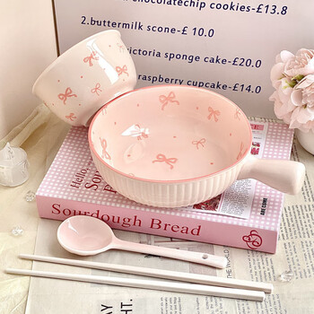 Qinkai cute ins bow ceramic handle bowl underglaze color rice bowl soup bowl set good-looking girl household tableware pink bow handle bowl multi-person set 4-piece set handle bowl + bowl + spoon + chopsticks