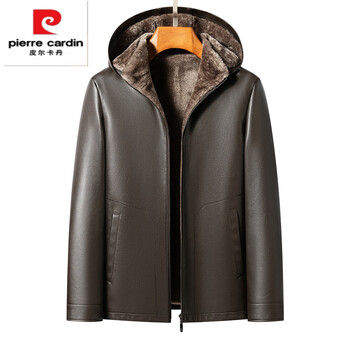Pierre cardin haining genuine leather jacket men's 2025 new velvet thickened leather jacket fur-in-one spring and autumn outfit brown (removable hat) 2xl/185 (150-165 catties)