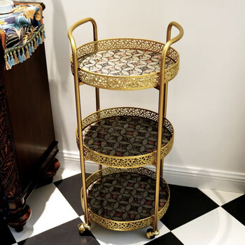 Zishi nordic light luxury iron movable trolley storage rack wine rack snack storage storage rack three-layer dining cart trolley carved metal three-tier trolley storage rack