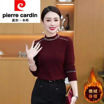 Pierre cardin double-sided german velvet bottoming shirt for autumn and winter, small stand-up half-high collar, hot rhinestones for inner wear and outer wear, thickened brushed warm top, fashionable, ankara red brushed #077, regular m 80-100