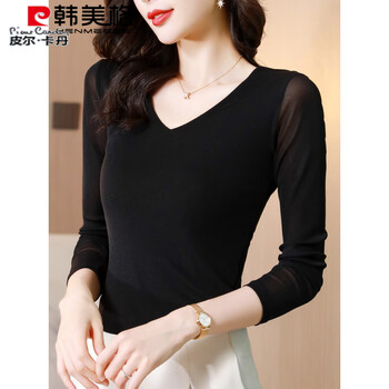 Pierre cardin (pierre cardin) black mesh bottoming shirt for women with spring 2025 new long-sleeved t-shirt gauze dress stylish small shirt lace top black v-neck-long sleeve with tulle/mesh inner layer xl