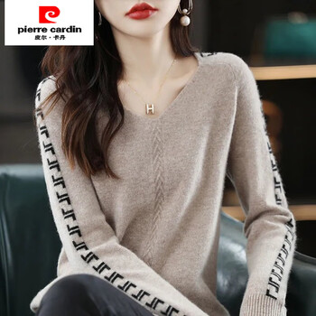 Pierre cardin 2025 new autumn and winter women's v-neck sweater sweater fashion versatile loose pullover long-sleeved bottoming shirt top camel 2xl