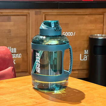 Qinkai summer large-capacity kettle sports fitness bucket belt straw men and women portable adult high-temperature water cup dark green ton bucket large capacity 2000ml cup