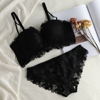 Aimu autumn and summer no wires gathering beautiful back small bra adjustable anti-sagging sexy lace underwear women's bra set black bra + panties 80b 36b
