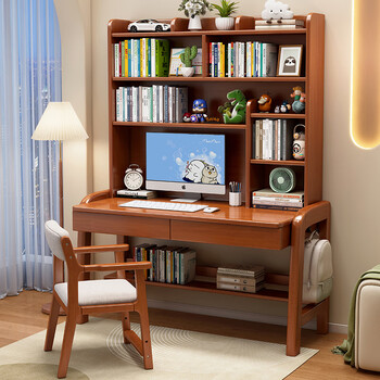 Quality solid wood children's desk bookshelf integrated table student study table home bedroom lifting computer table writing table walnut color single table 145x60x185cm
