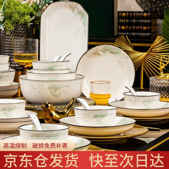 Haoya jingdezhen ceramic tableware and dishes set chinese bowl and plate combination bowls and chopsticks housewarming gift 68 black lines with the meaning of spring