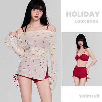 Let the mist swimsuit soak in hot springs for women 2025 new style belly-covering slimming swimsuit bikini split conservative large size swimsuit red bow swimsuit three-piece set m recommended 120-160 pounds