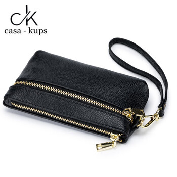 Casa-kupsck wallet women's long genuine leather clutch hand-carrying cowhide storage mini small bag grocery wrist bag coin purse black